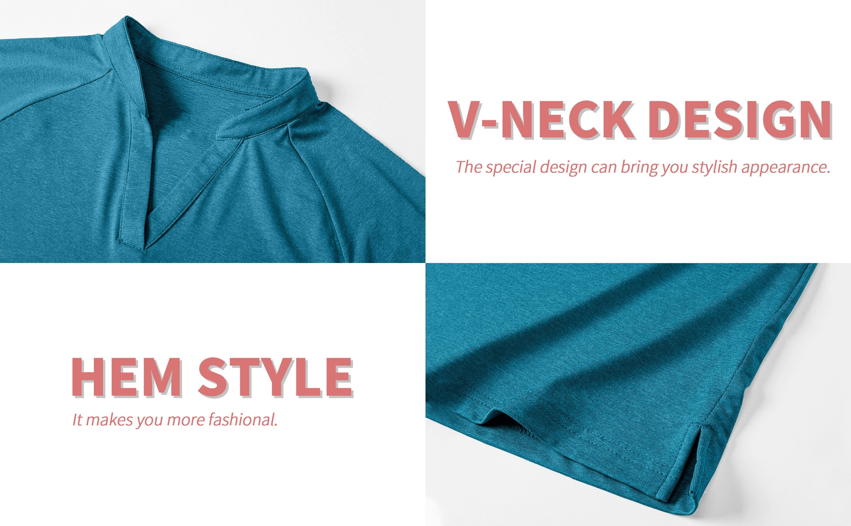 Women's sports t-shirt details showing v-neck design and hem style in blue fabric.